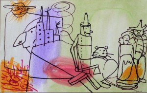 Pagola Javier, Personajes de El Mago de Oz, dibujo técnica mixta papel, enmarcado, dibujo 24x38 cms. y marco 39x51 cms (3)
