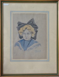 Pinazo Martinez Ignacio, retrato de mujer rubia con lazo, dibujo técnica mixta papel, enmarcado, dibujo 30x23 cms. y con marco 50x40 cms.  (2)