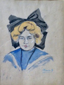 Pinazo Martinez Ignacio, retrato de mujer rubia con lazo, dibujo técnica mixta papel, enmarcado, dibujo 30x23 cms. y con marco 50x40 cms.  (4)