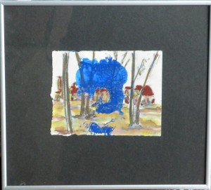 Sycet Pablo, paisaje con mancha azul, técnica mixta cartulina, enmarcado, obra 13x16 cms. y marco 28x31 cms.  (2)