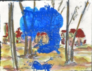 Sycet Pablo, paisaje con mancha azul, técnica mixta cartulina, enmarcado, obra 13x16 cms. y marco 28x31 cms.  (4)