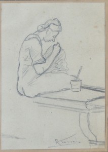 Torrado Ramón, Dama cosiendo, dibujo lapiz papel, enmarcado, dibujo 10,50x7,50 cms. y marco 24x17 cms. 50 (1)