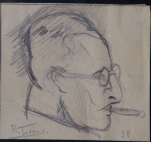 Torrado Ramón, hombre de perfil fumando, dibujo lápiz, enmarcado, dibujo 5,50x6 cms. y marco 15x17 cms. 40 (1)