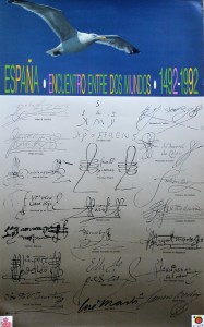 España, encuentro entre dos mundos, cartel conmemoración 500º aniversario descubrimiento, 60x37 cms (2)