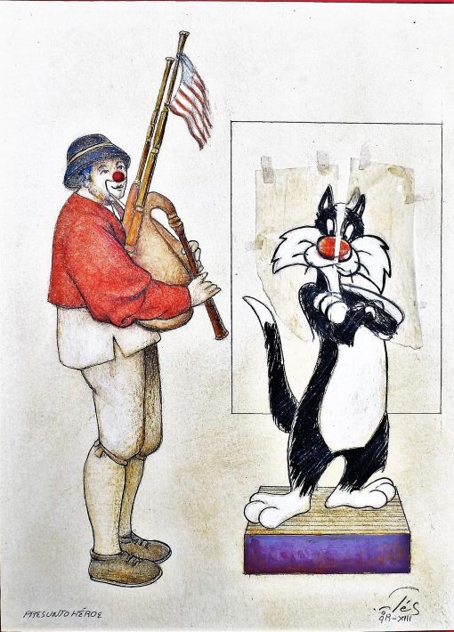 Luis V. Ortés - "Presunto héroe" dibujo original técnica mixta y collage papel, enmarcado