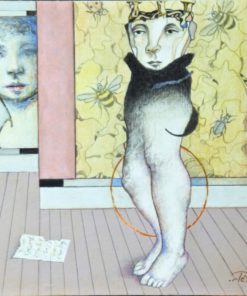 Luis V. Ortés - "Personaje en el Museo" pintura técnica mixta papel pegado a tabla, enmarcado