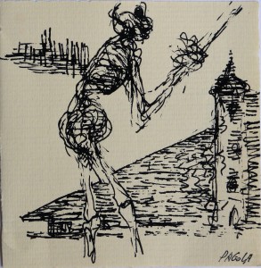 Pagola Javier, esqueleto de pueblo, dibujo tinta papel, enmarcado, dibujo 10x10 cms. y marco 22x22 cms.  (13)