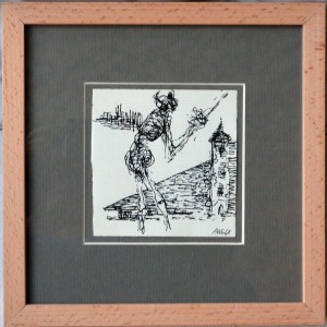 Pagola Javier, esqueleto de pueblo, dibujo tinta papel, enmarcado, dibujo 10x10 cms. y marco 22x22 cms.  (14)