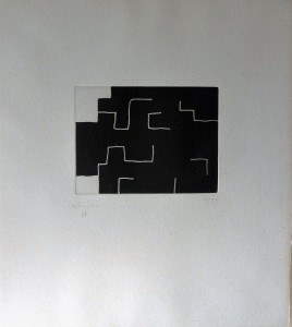 chillida eduardo, Abiagune, grabado aguafuerte, edición 50 ej., numerado y firmado a lápiz, enmarcado y con cristal museo, huella 15x20 cms. papel 47x42 cms. y marco 62x56 cms (3)