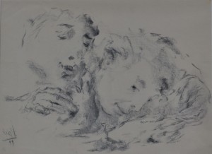 Juanvi, Juan Vicente Barrio, Hablando al oido, dibujo carboncillo papel, enmarcado, dibujo 30x40 cms. y marco 46x56 cms  (2)