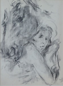 Juanvi, Juan Vicente Barrio, Mujer joven y caballo, dibujo carboncillo papel, enmarcado, dibujo 52x42 cms. y marco 40x30 cms (5)