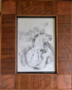 Juanvi, Juan Vicente Barrio, concierto de cello, dibujo carboncillo papel, enmarcado, dibujo 32x22,50 y marco 53x43 cms (1)