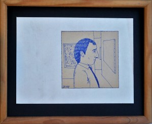 Pagola Javier, Hombre mirando exposición, dibujo tinta papel, enmarcado, dibujo 10x10 cms. y marco 21x26 cms. (2)