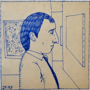 Pagola Javier, Hombre mirando exposición, dibujo tinta papel, enmarcado, dibujo 10x10 cms. y marco 21x26 cms. (5)
