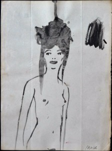 Pagola Javier, Joven desnuda de frente, dibujo tinta papel, enmarcado dibujo 21x15,50 cms. y marco 33x27 cms (1)