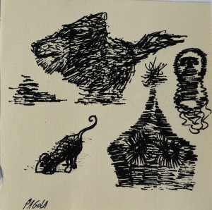 Pagola Javier, Personajes en el campo, dibujo tinta papel, enmarcado, dibujo 10x10 cms. y marco 22x22 cms.  (7)