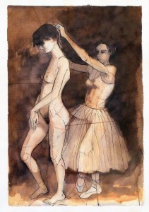 Pizarro Roberto L. bailarina vistiendose, técnica mixta papel, enmarcado, dibujo 29x20 cms. y marco 54x45 cms (8)