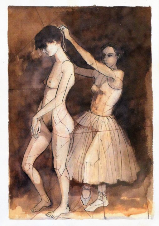 Roberto L. Pizarro - "Bailarina vistiendose" dibujo técnica mixta papel, enmarcado