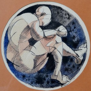 Pizarro Roberto L., hombre en posición fetal, dibujo técnica mixta papel, enmarcado, dibujo 15 cms. diametro y marco 36x46 cms (3)