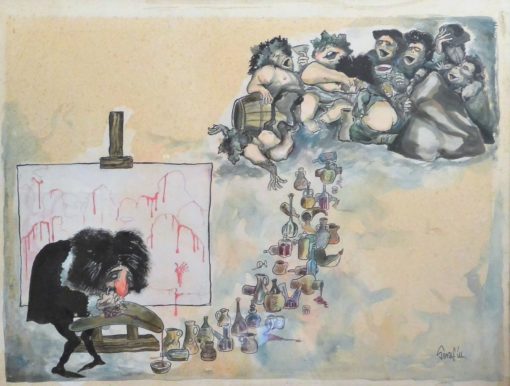 Serafín Rojo - "Los Borrachos de Velazquez" acuarela papel, enmarcado
