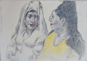 Zohre Mirabassi, Suegra y nuera en los toros, dibujo técnica mixta papel, enmarcado, obra 35x50 cms. y marco 77x69 cms (4)