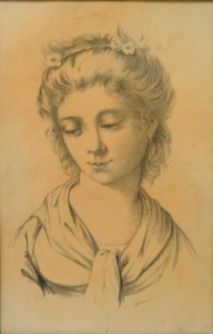 Anónimo, rostro de mujer joven, dibujo lápiz papel, enmarcado, dibujo 22x15 cms. y marco 36,50x29 cms.  (4)