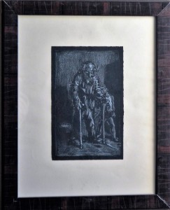 Barba Juan, Anciano y niño, lapiz clarión cartulina negra, enmarcado, dibujo 24,50x15,50 y marco 4x37 cms.  (3)