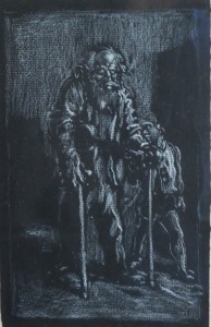 Barba Juan, Anciano y niño, lapiz clarión cartulina negra, enmarcado, dibujo 24,50x15,50 y marco 4x37 cms.  (5)