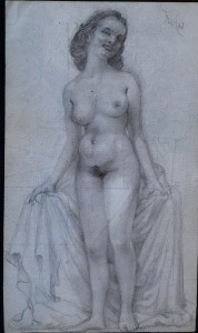 Barba Juan, Mujer desnuda con sábana, dibujo lápiz papel, enmarcado, dibujo 16x9,50 cms. y marco 40x30 cms. 120 (8)
