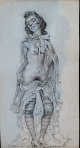 Barba Juan, mujer flaca desnuda con medias a rayas, dibujo lápiz papel, enmarcado dibujo 17x9 cms. y marco 41x31,50 cms.  (4)