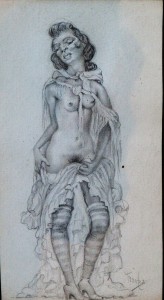 Barba Juan, mujer flaca desnuda con medias a rayas, dibujo lápiz papel, enmarcado dibujo 17x9 cms. y marco 41x31,50 cms. (4)