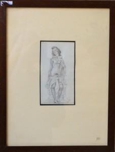 Barba Juan, mujer flaca desnuda con medias a rayas, dibujo lápiz papel, enmarcado dibujo 17x9 cms. y marco 41x31,50 cms.  (6)