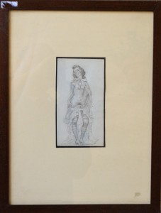 Barba Juan, mujer flaca desnuda con medias a rayas, dibujo lápiz papel, enmarcado dibujo 17x9 cms. y marco 41x31,50 cms. (6)