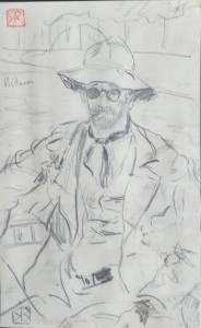 Baroja Ricardo, Autorretrato en el Bidasoa, dibujo lápiz papel, enmarcado, dibujo 13,50x8,50 cms. y marco 38x30 cms.  (3)
