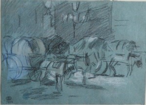 Baroja Ricardo, carromatos, dibujo lapiz papel, enmarcado, dibujo 19,50x27 cms. y marco 36x47 cms. (4)