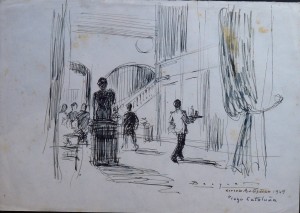 Becquer Carlos 1949, Círculo Artístico, Plaza Cataluña, Barcelona, dibujo tinta papel, enmarcado, dibujo 15,50x21,50 cms. y marco  34x44 cms. 520 (19)