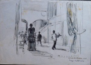 Becquer Carlos 1949, Círculo Artístico, Plaza Cataluña, Barcelona, dibujo tinta papel, enmarcado, dibujo 15,50x21,50 cms. y marco 34x44 cms. 520 (19)