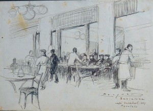 Becquer Carlos 1951, Café Español, Paralelo, Barcelona, dibujo tinta papel, enmarcado, dibujo 15,50x22 cms. y marco  34x44,50 cms. 520 (12)