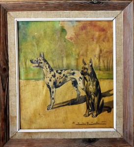 Becquer Carlos, Dos perros, pintura oleo carton, enmarcado, pintura 27x24 cms. y marco 36x32,50 cms.  (2)