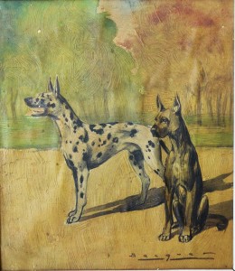 Becquer Carlos, Dos perros, pintura oleo carton, enmarcado, pintura 27x24 cms. y marco 36x32,50 cms.  (6)