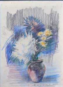Becquer Carlos, Jarrón con flores, dibujo carboncillo y lápices colores papel, enmarcado, dibujo 32x23,50 cms. y marco 48x30,50 cms. (3)