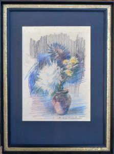 Becquer Carlos, Jarrón con flores, dibujo carboncillo y lápices colores papel, enmarcado, dibujo 32x23,50 cms. y marco 48x30,50 cms. (5)