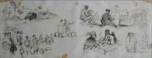 Becquer Carlos, Salida al campo II, dibujos tinta papel, enmarcado, dibujo 14,50x37 cms. y marco 33x55 cms.   (4)