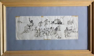Becquer Carlos, Salida al campo III, dibujos tinta papel, enmarcado, dibujo 14,50x37 cms. y marco 33x55 cms.   (10)