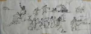 Becquer Carlos, Salida al campo III, dibujos tinta papel, enmarcado, dibujo 14,50x37 cms. y marco 33x55 cms.   (8)