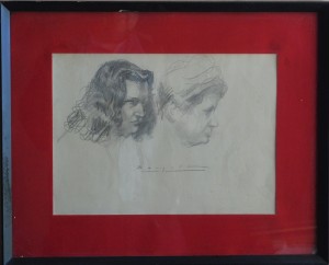 Becquer Carlos, dos mujeres, dibujo lápiz papel, enmarcado, papel 24x33 cms. y marco 38x47 cms.  (8)