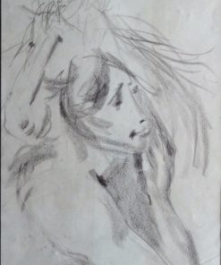 Juan Vicente Barrio Juanvi - "Joven y caballo" dibujo carboncillo papel, enmarcado