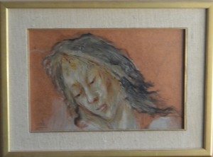 Juanvi, Juan Vicente Barrio, cabeza de mujer mirando hacia abajo, oleo tablex, enmarcado, pintura 26,50x40 cms. y marco 40x54 cms. (1)
