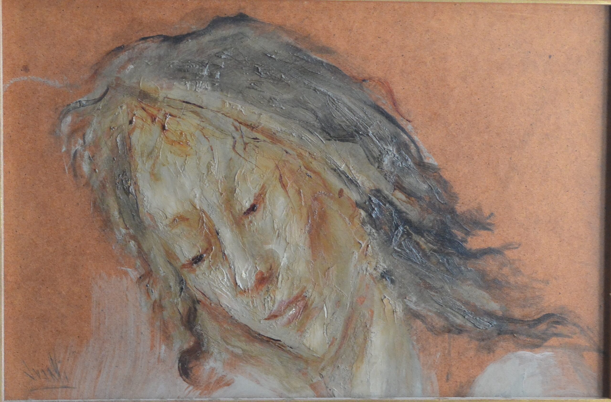Juanvi, Juan Vicente Barrio - "Cabeza de mujer mirando hacia abajo" pintura oleo tablex, enmarcado