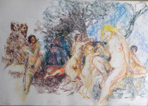 Juanvi, Juan Vicente Barrio, escena bucólica, dibujo pasteles papel, enmarcado, papel 34x48 cms. y marco 52x67 cms (6)